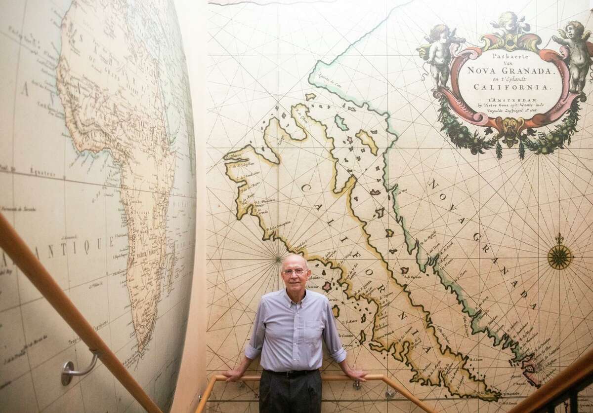 Map collector and authority David Rumsey with wallpaper made from one of his most treasured maps.