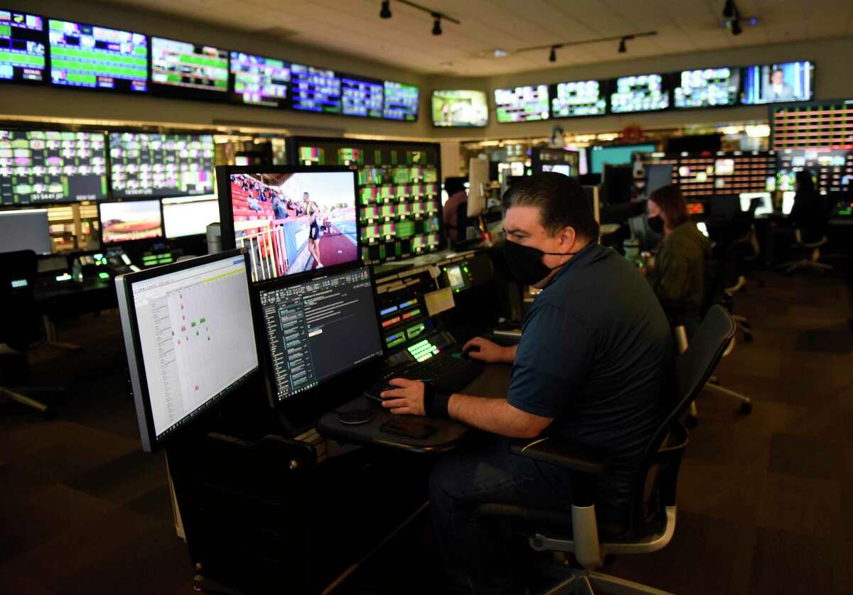 BOC manager Philip Maggio works in the broadcast operations center at the NBC Sports headquarters at 1 Blachley Road in Stamford, Conn., on July 13, 2021.