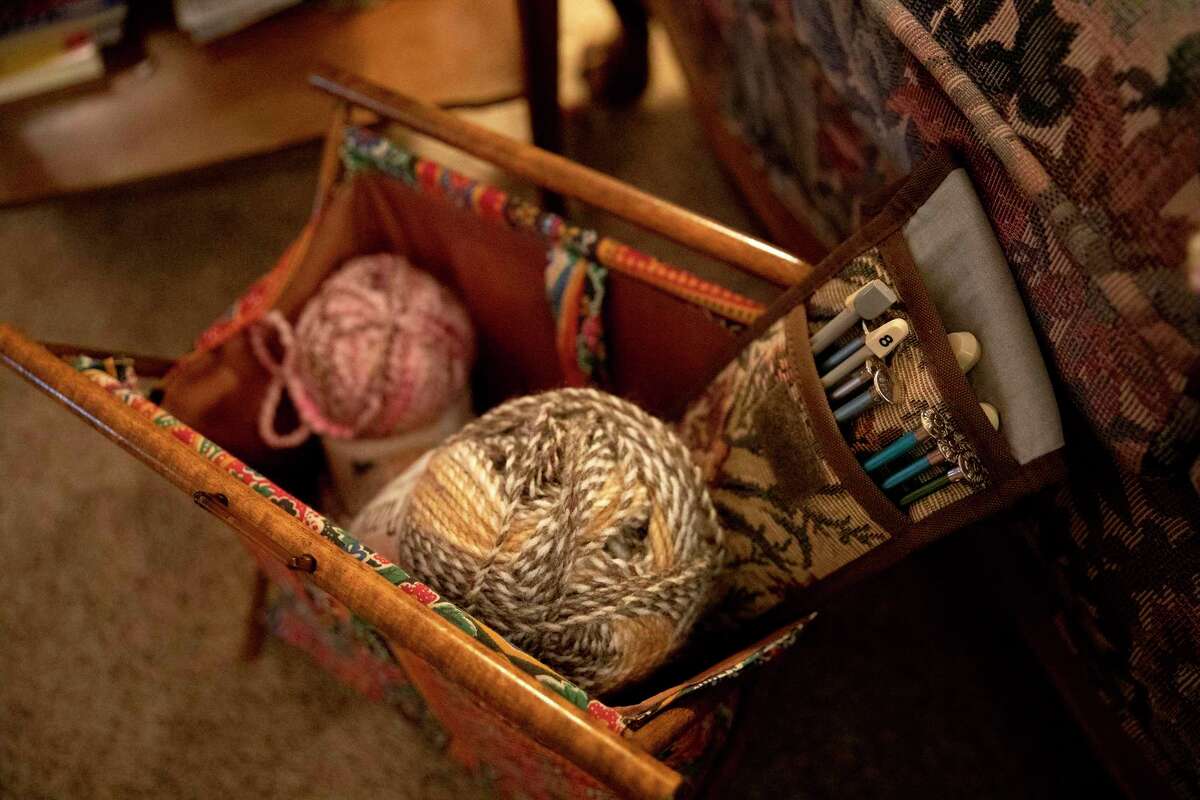 Knitting needles and yarn belonging to Joan Christine Barrera, 95, who has been knitting all of her life.