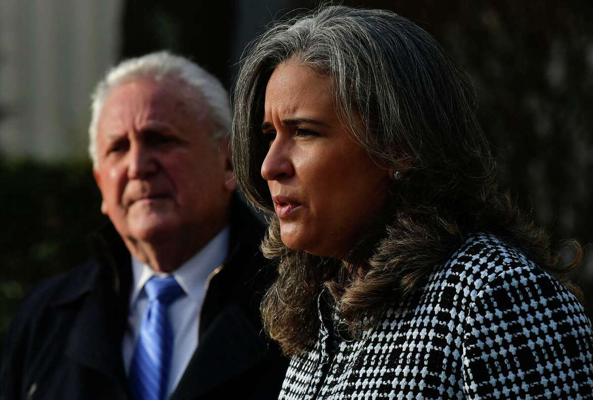 Norwalk Mayor Harry Rilling and Superintendent of Public Schools Alexandra Estrella hold a press conference regarding the recent threats at Norwalk High School Thursday, December 9, 2021, at the school in Norwalk, Conn.