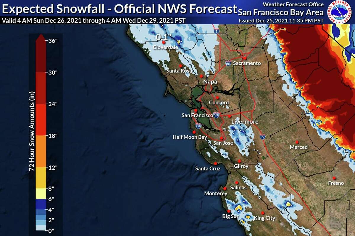 The National Weather Service shared a map showing where snow might fall in the SF Bay Area in the coming days.