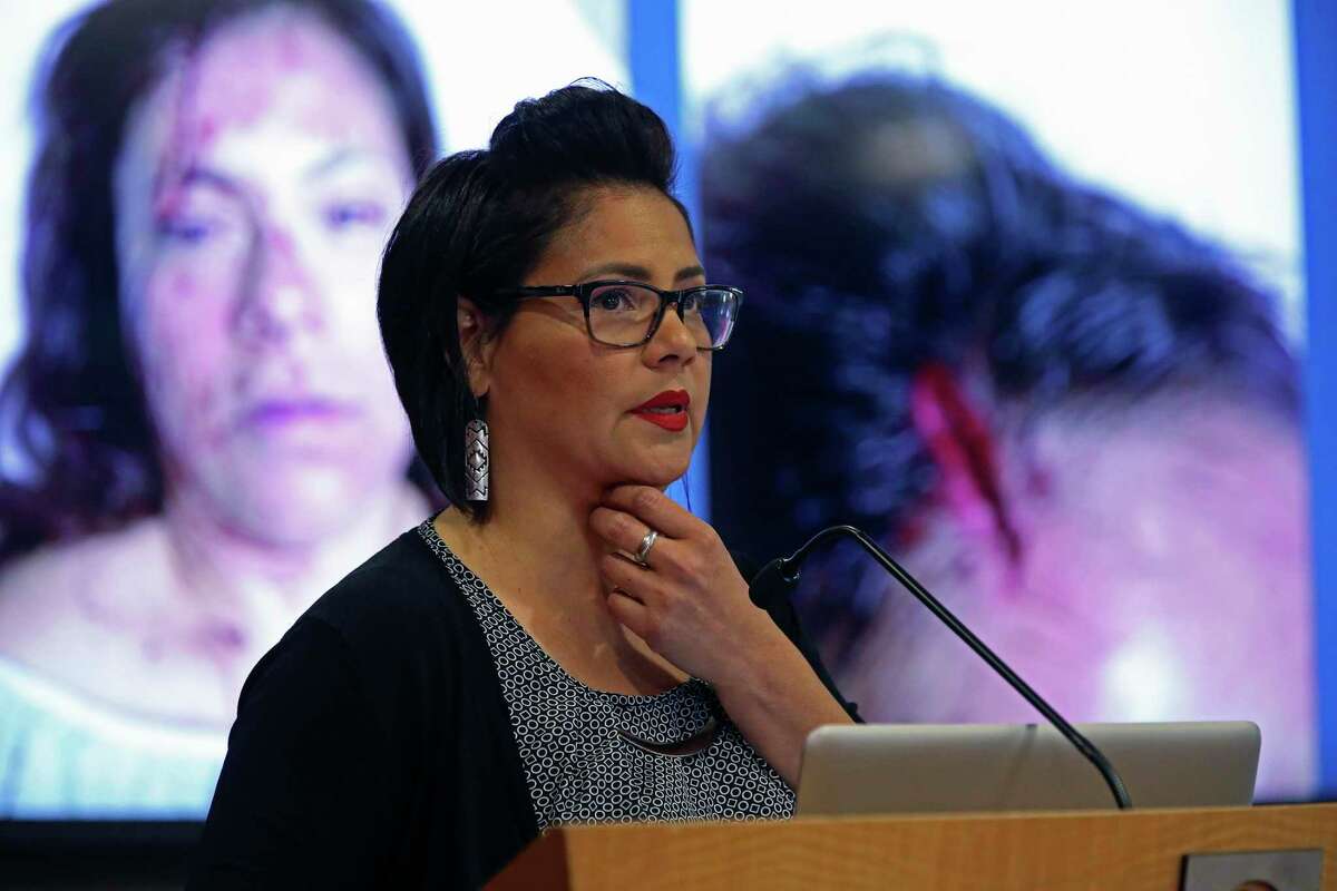 Lori Rodriguez talk about her experience with domestic violence during a conference on the topic at Palo Alto College, where she teaches Mexican American studies. In August 2015, Rodriguez was severely beaten and choked by her then-boyfriend, Enrique Mendez. He later cut a deal with prosecutors to avoid a conviction and jail time.