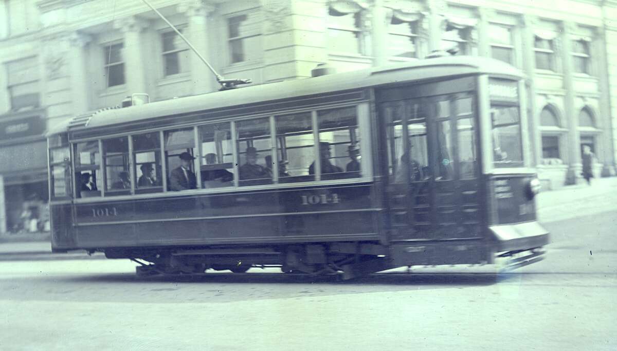 A streetcar belonging to the Manistee, Filer City and Eastlake Railway passes down River Street circa 1910.The railway was discontinued in 1921.
