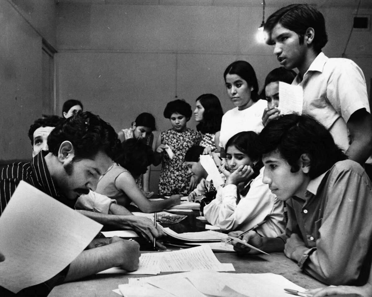 Houston children in 1970 study in their makeshift 'huelga' classroom. More than 3,500 students attended 'huelga' schools in local churches and YMCAs. 