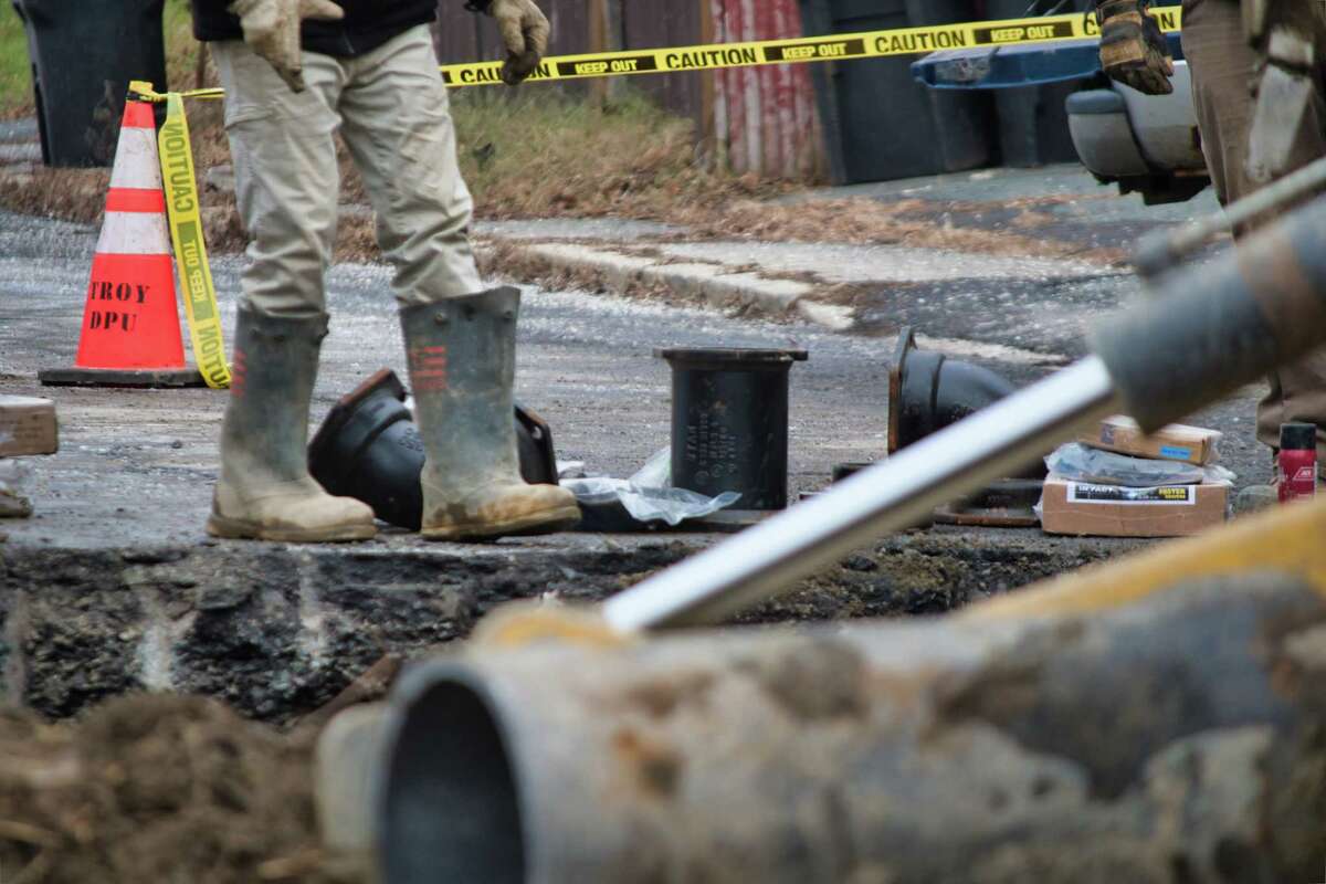 New sections of pipe are seen as crews worked to repair a water main break on Northern Drive on Monday, Dec. 27, 2021, in Troy, N.Y. Another water main break is being fixed Sunday, Jan. 2 on Fourth Street.