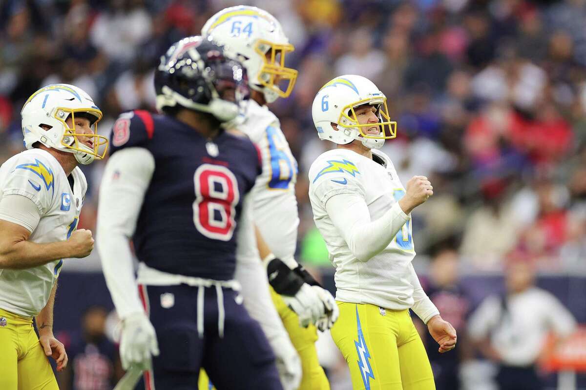Dustin Hopkins #6 of the Los Angeles Chargers reacts after kicking a field goal during the first quarter against the Houston Texans at NRG Stadium.