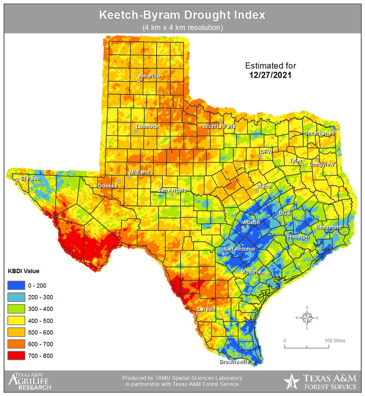 KBI references the Keetch-Byram Drought Index, which is used to determine forest fire potential. The KBDI attempts to measure the amount of precipitation needed to bring the top 8 inches of soil back to saturation, according to the Texas A&M Forest Service.