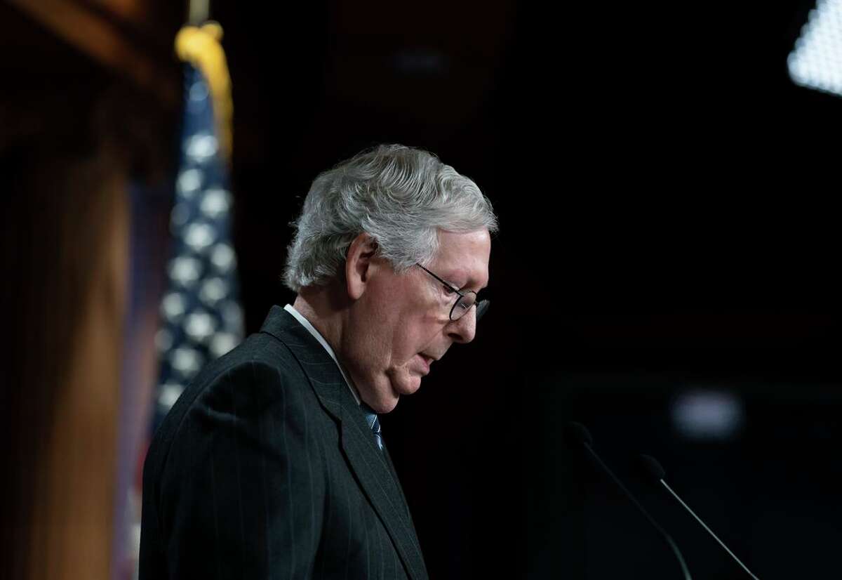 Senate Minority Leader Mitch McConnell, R-Ky., holds an end-of-the-year news conference, at the Capitol on Dec. 16, 2021. The Ninth U.S. Circuit Court of Appeals reinstated a criminal-threat charge against a Bay Area man who told McConnell in an unsigned email that “the resistance” was planning to kill him.