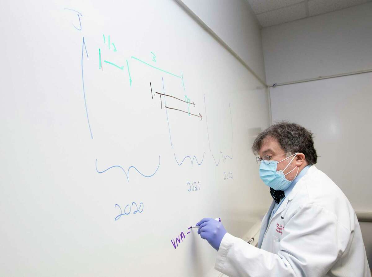 Peter Hotez, co-director of Texas Children's Hospitals Center for Vaccine Development, draws a timeline graphic to explain the COVID-19 vaccine development process Thursday, June 18, 2020, in Houston.