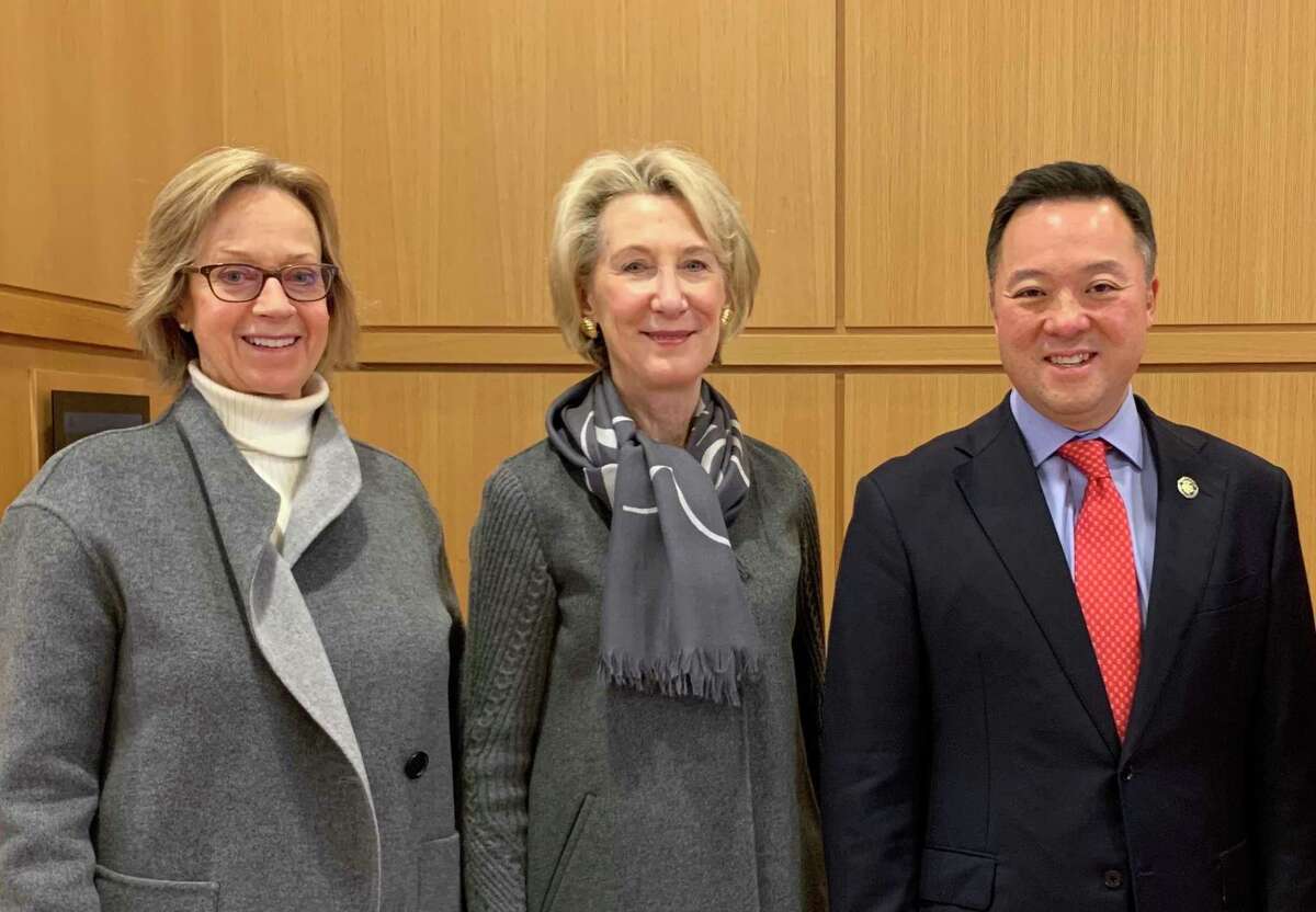 State Rep. Terrie Wood, At Home In Darien’s board President Susan Bhirud, and Attorney General of Connecticut William Tong at At Home In Darien’s annual meeting on Dec. 10, 2021. The meeting was held at the Darien Library.