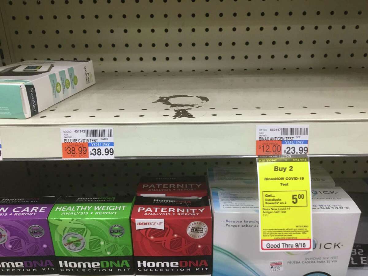 An empty shelf where the Abbott Labs BinaxNOW Rapid Antigen test kits should be, photographed Sept. 17 at the CVS drug store at 215 Whalley Ave. in New Haven