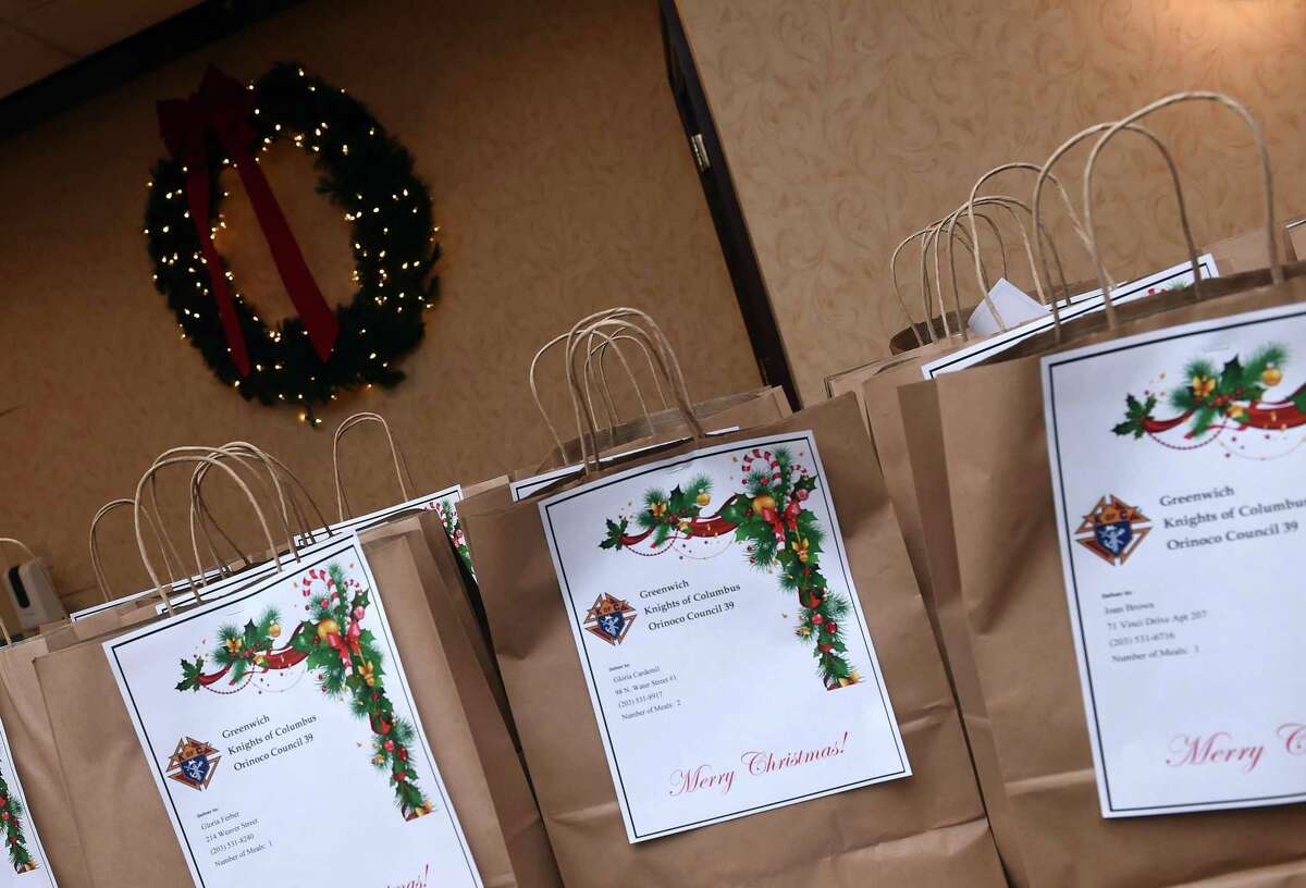 Bags for Christmas dinners are set up for delivery at the Knights of Columbus Orinoco Council #39 at 37 W. Putnam Ave., in Greenwich, Conn. Volunteers prepared 166 meals, most of which were delivered.