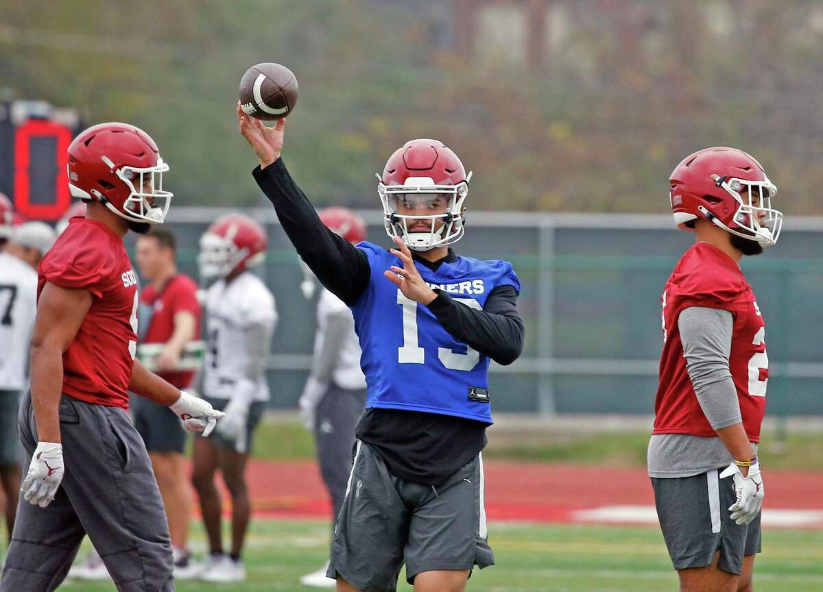 Oklahoma quarterback Caleb Williams #13 goes thru drills with the rest of the at Incarnate Word University on Monday, Dec. 27, 2021