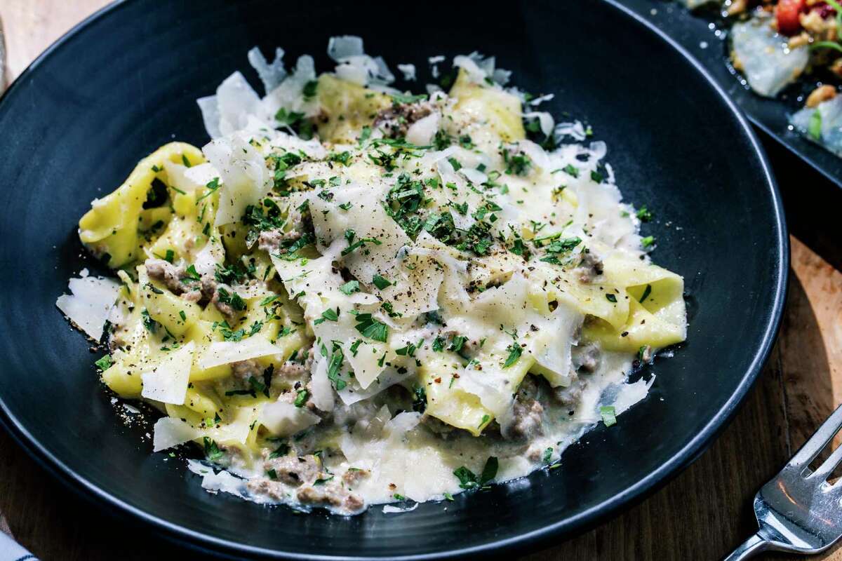 Handkerchief pasta with white bolognese, grana padano, black pepper and herbs at Pearl 6101 in San Francisco.