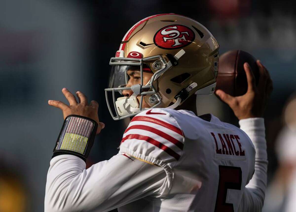 San Francisco 49ers quarterback Trey Lance speaks during a news