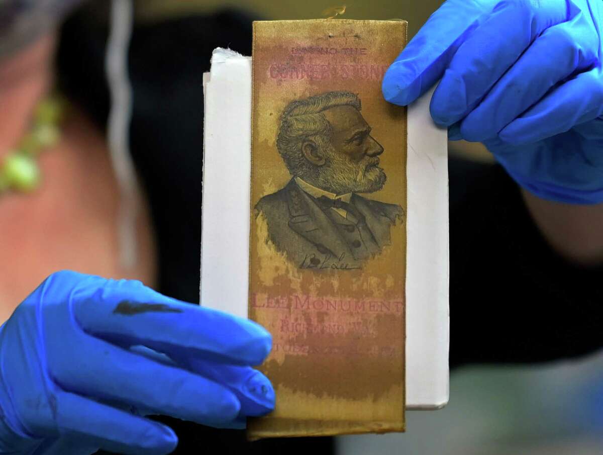A ribbon with a portrait of Robert E. Lee from the 1880s was found on Tuesday in the second time capsule discovered at the former site of the general's statue in Richmond.