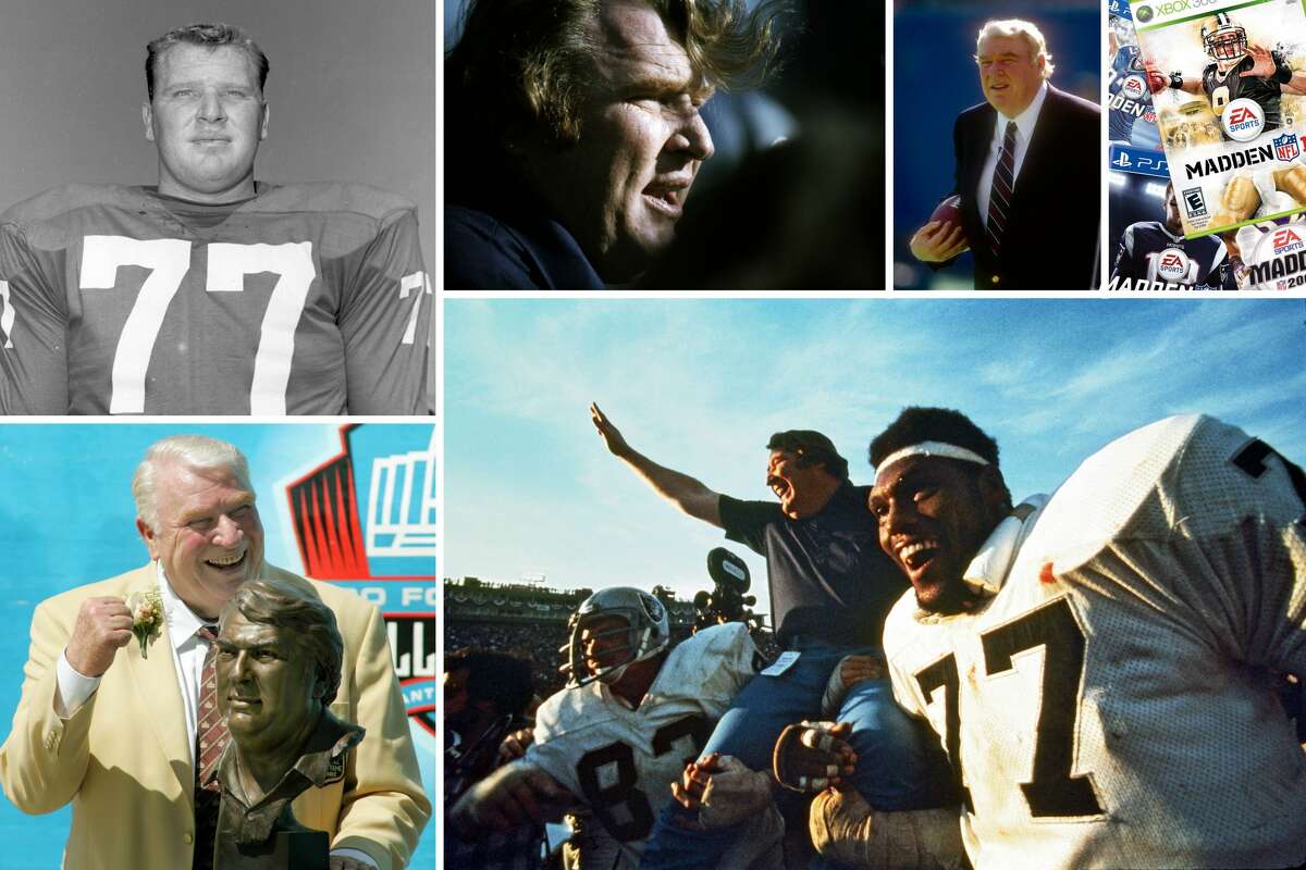 Clockwise from top left: John Madden as a tackle for the Eagles; coaching the Raiders in 1977; on the sidelines as an analyst; the video games that made him famous to younger generations; being carried off the field after Super Bowl XI; inducted into the Pro Football Hall of Fame.