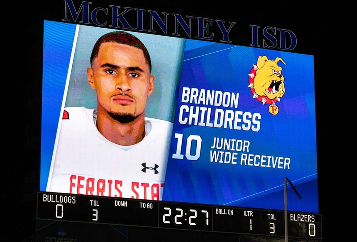 A sign at the McKinney, Texas, Stadium, site of the Ferris State vs. Valdosta State NCAA Division II national championship game recognied former Baldwin standout Brandon Childress as a wide receiver.