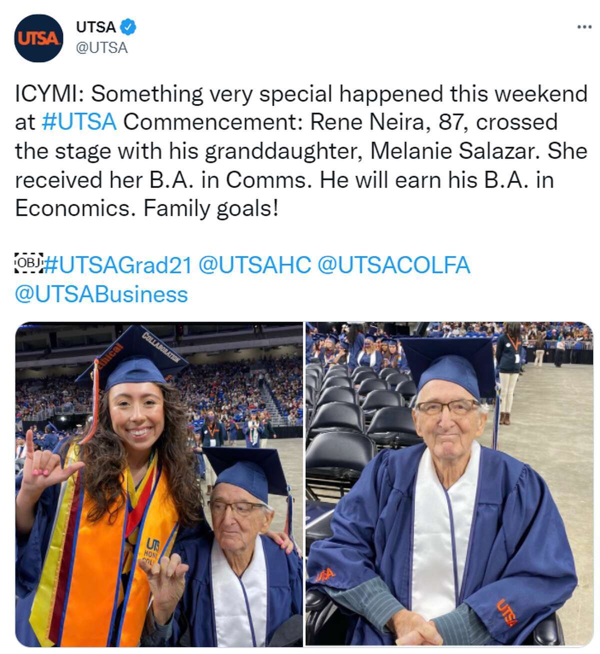 Melanie Salazar, 23, graduated from UTSA with her 88-year-old grandfather, Rene Neira, on Dec. 11.