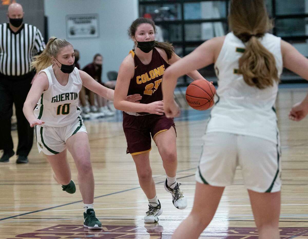 Colonie's Isabella Franchi drives to the basket during a basketball game against Bishop Guertin at the Impact Athletic Center on Wednesday, Dec. 29, 2021 in Halfmoon, N.Y.