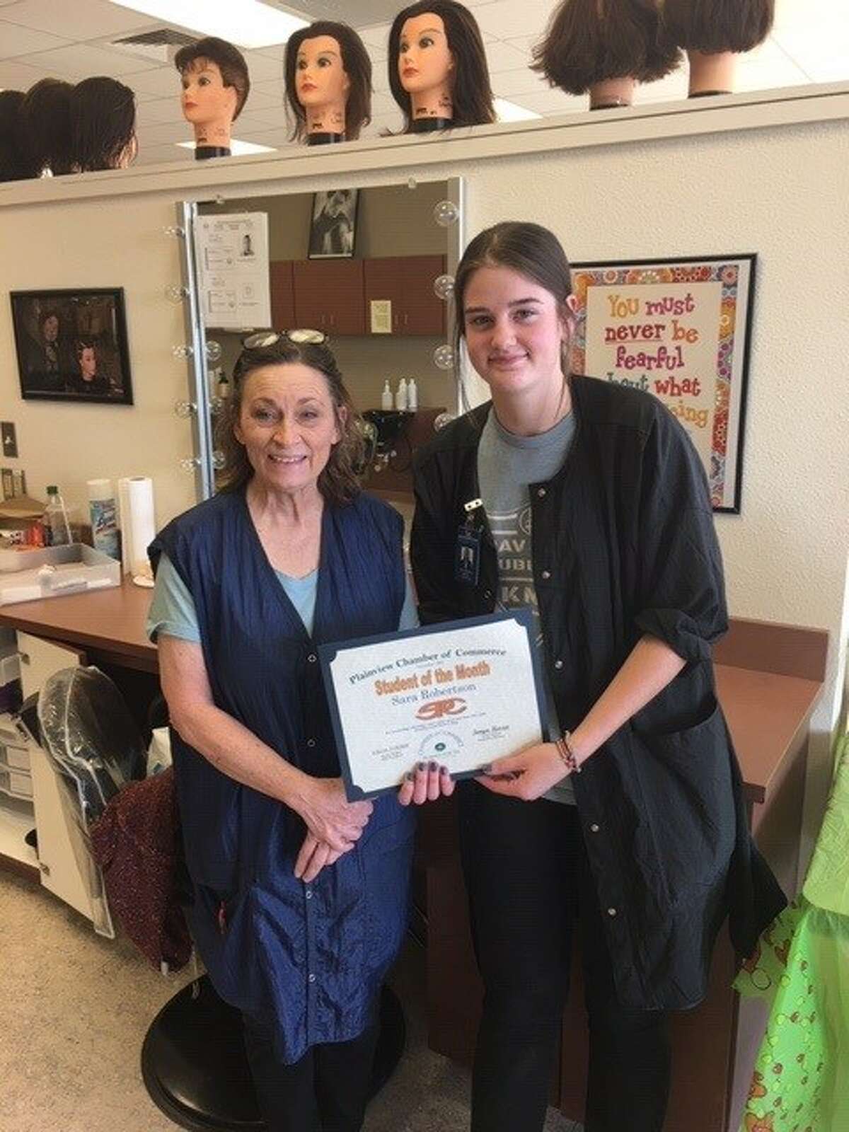 December 2021 Student of the Month Sara Robertson stands with her instructor, Sara Thompson, for a photo opp recognizing Robertson as the Plainview Chamber of Commerce’s Student of the Month.      