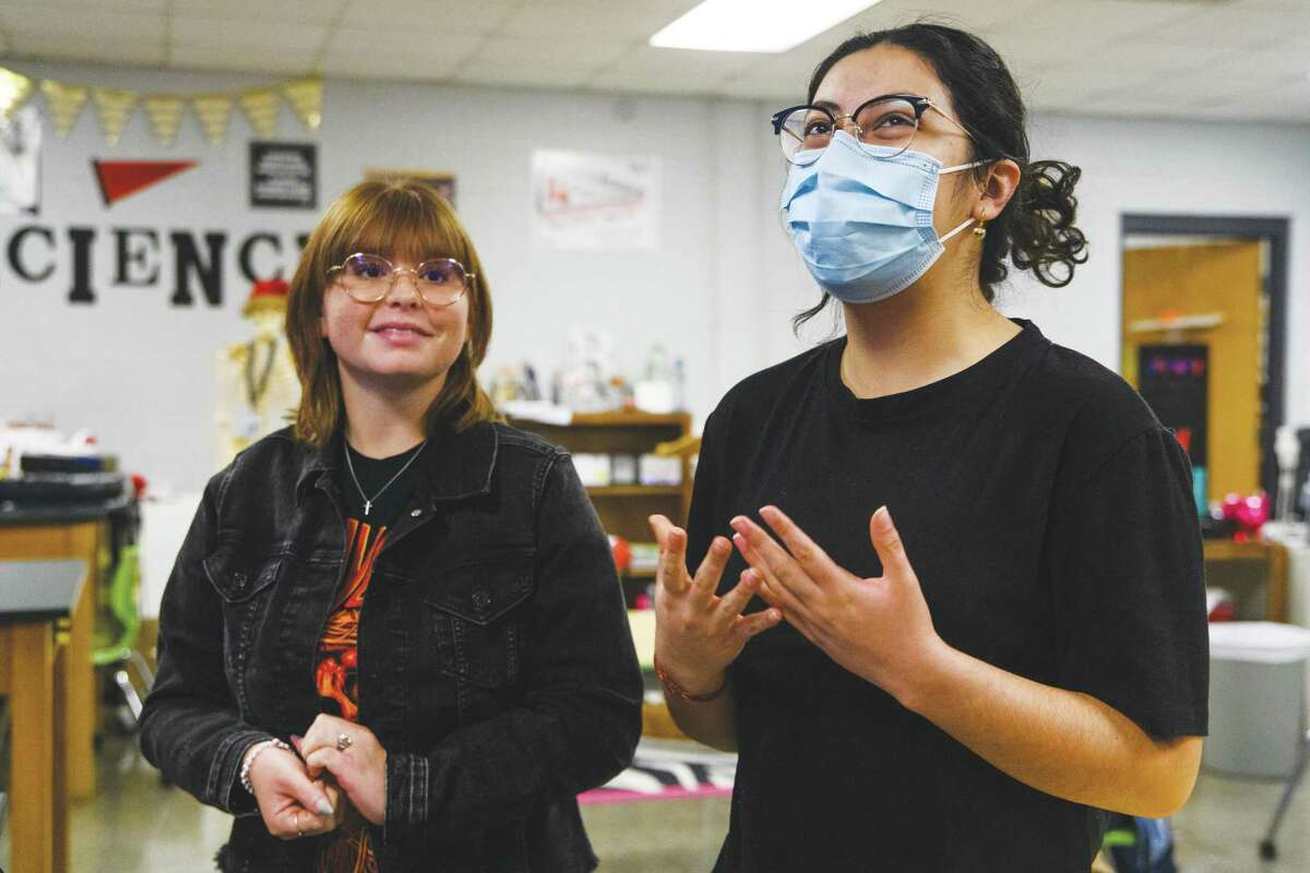 New Tech senior Abigail Murillo, 17, answers a question during an interview about the school’s neuroscience program Tuesday afternoon at New Tech Odessa.