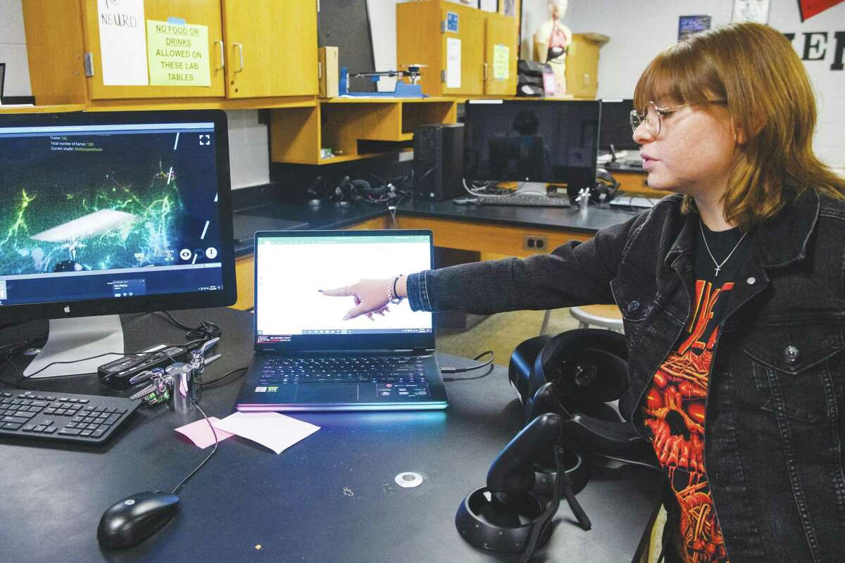 New Tech senior Angela Aguirre, 17, points to data on an excel spreadsheet that was collected by students in the school’s neuroscience program Tuesday afternoon at New Tech Odessa.