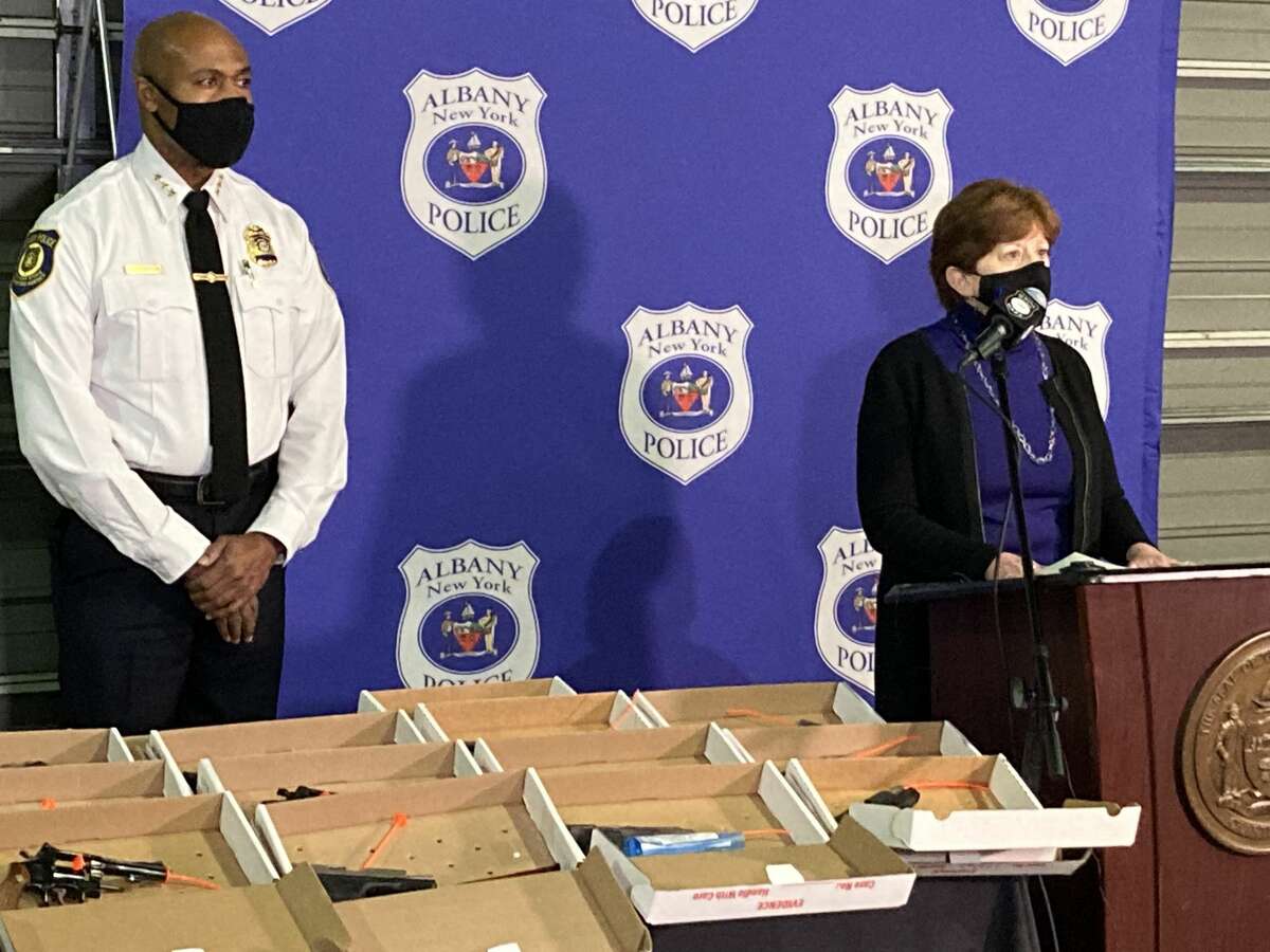 Mayor Kathy Sheehan and Police Chief Eric Hawkins discussed the city's progress in reducing gun violence during a news conference at the city's South Station police department on Thursday, Dec. 30, 2021.