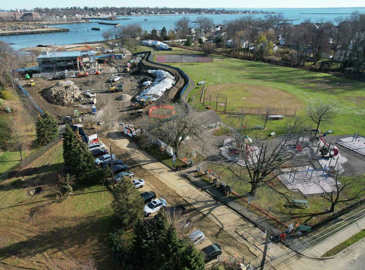 An aerial photo of Stamford’s Boccuzzi Park last week. The park's construction project has unearthed contaminated soil, resulting in cost overruns.