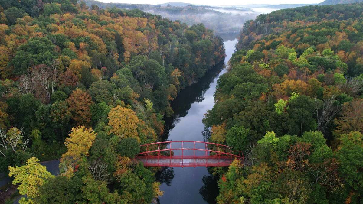 Colorful fall foliage at Lover's Leap Bridge in New Milford, Conn., on Thursday, Oct. 14, 2021.