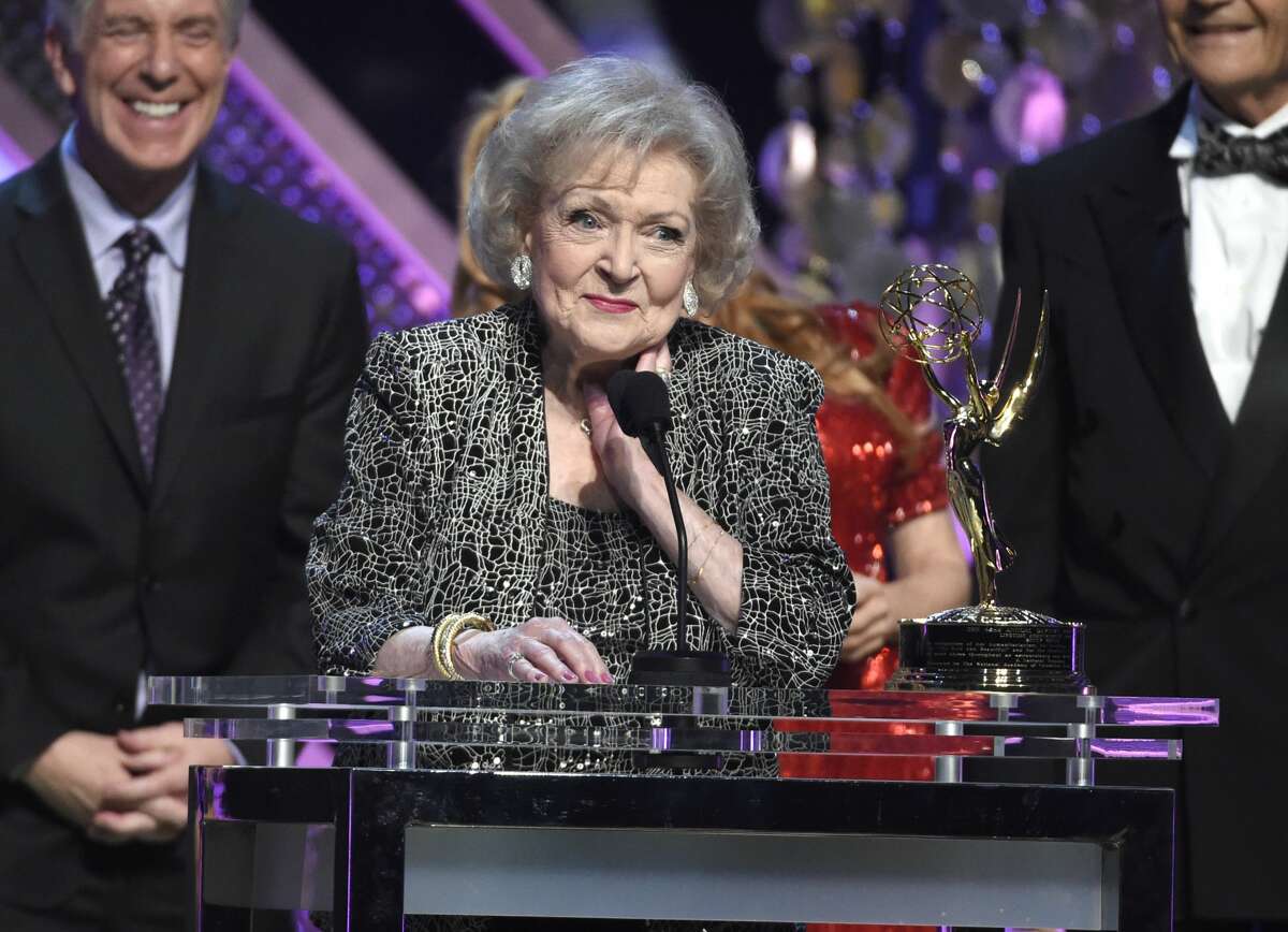 Betty White accepts the lifetime achievement award at the 42nd annual Daytime Emmy Awards at Warner Bros. Studios on Sunday, April 26, 2015, in Burbank, Calif. (Photo by Chris Pizzello/Invision/AP)