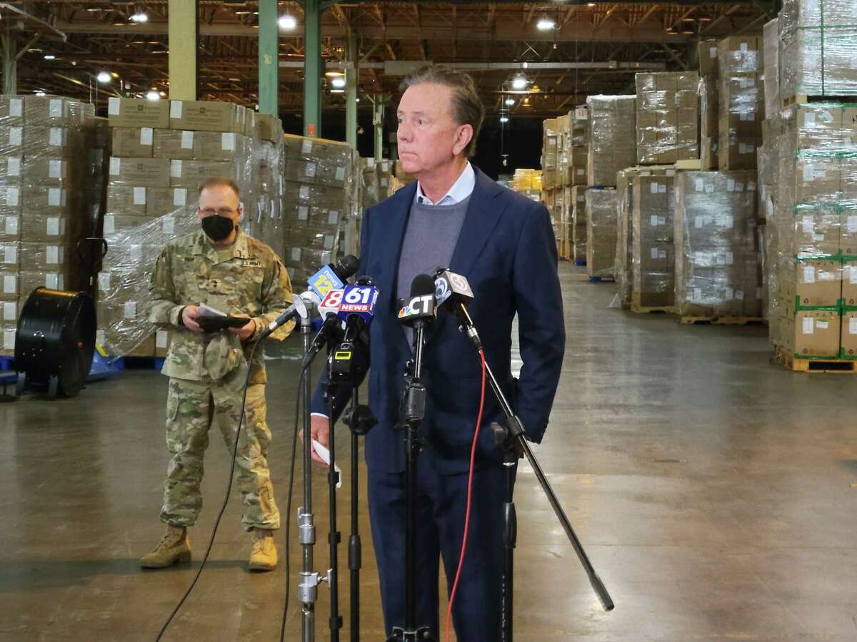 Governor Ned Lamont speaks at a news conference in New Britain on Friday, after 426,000 COVID-19 tests were delivered overnight.