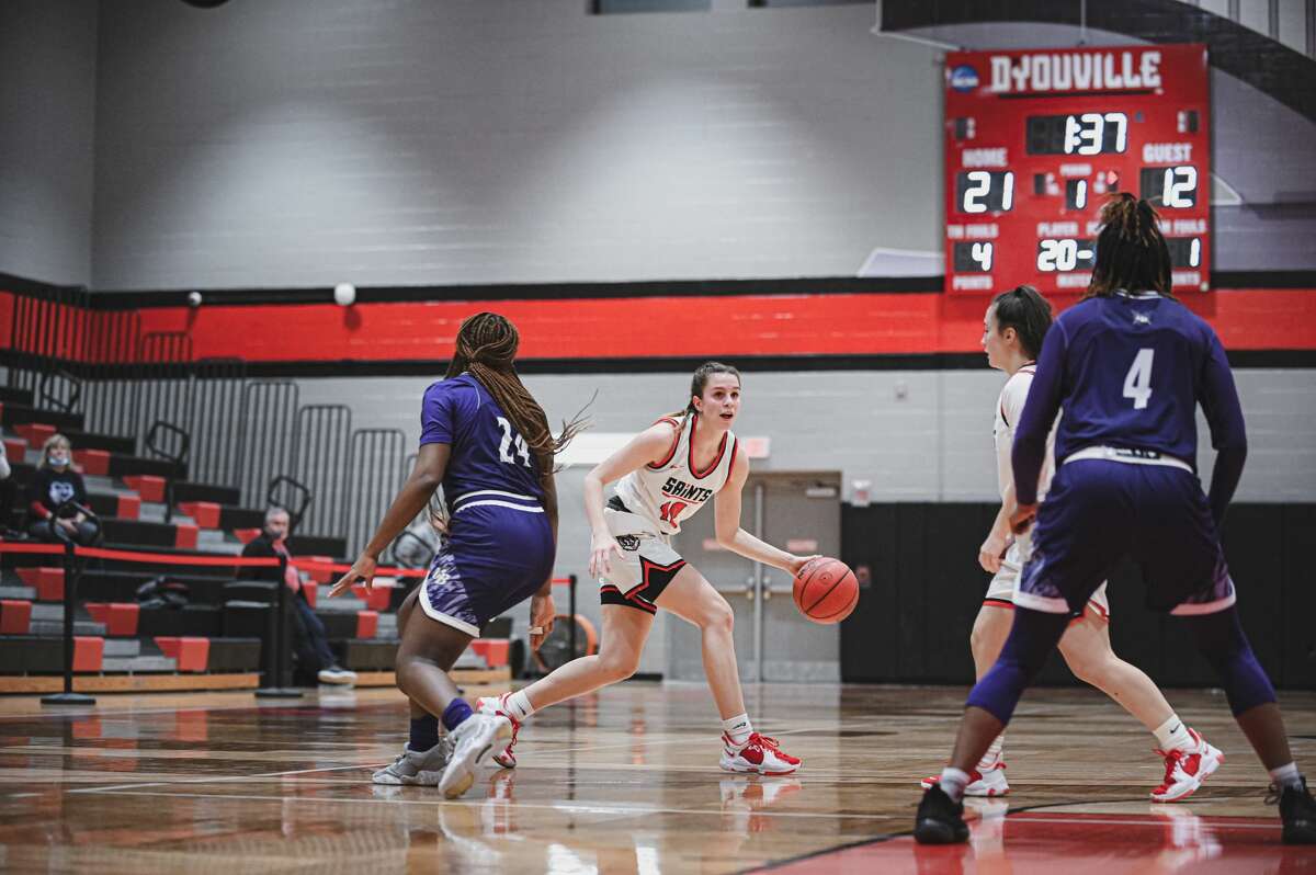 Averill Park graduate Anna Jankovic of the D'Youville women's basketball team dribbles in a game this season.