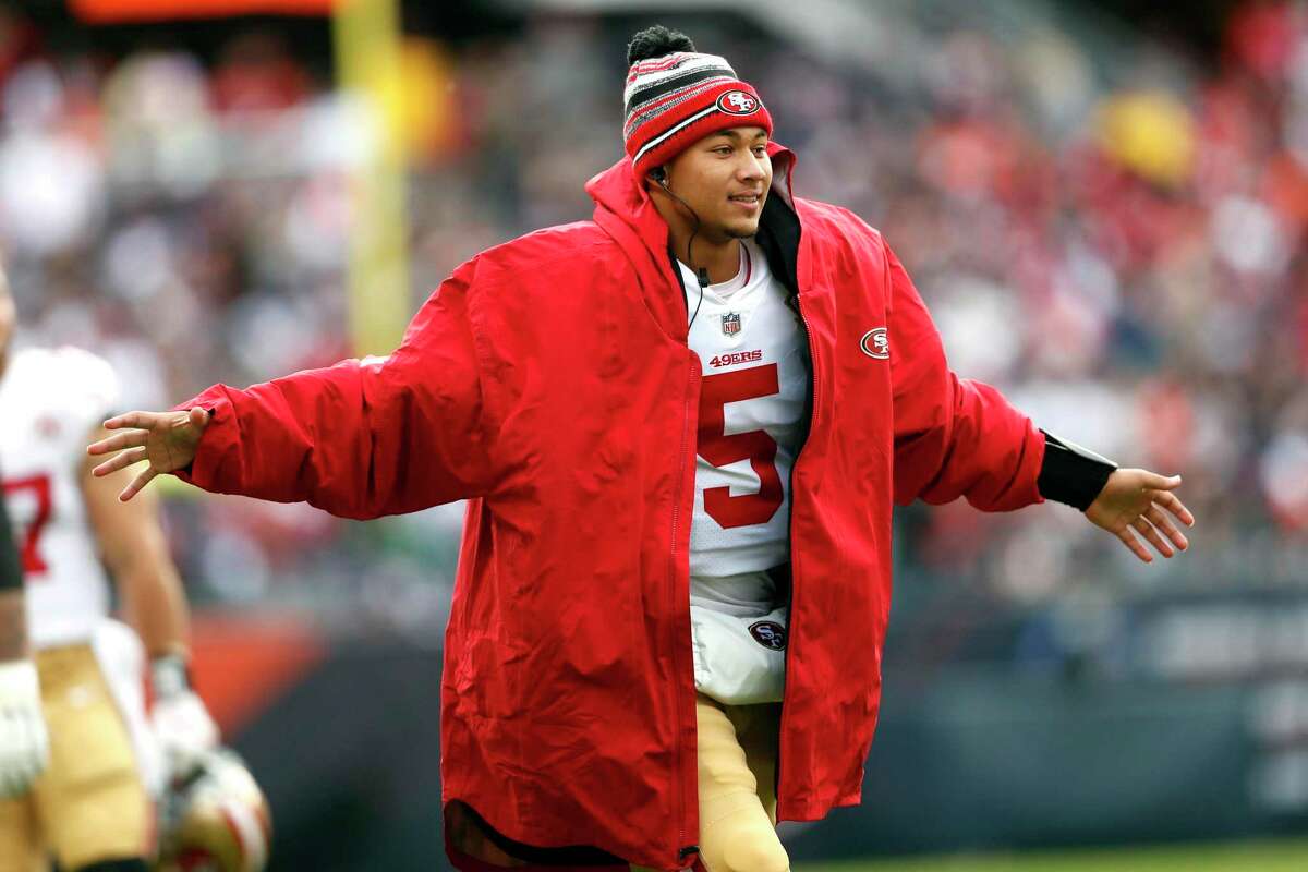The 49ers’ Trey Lance during Niners' 33-22 win over Chicago Bears in NFL game at Soldier Field in Chicago, IL on Sunday.