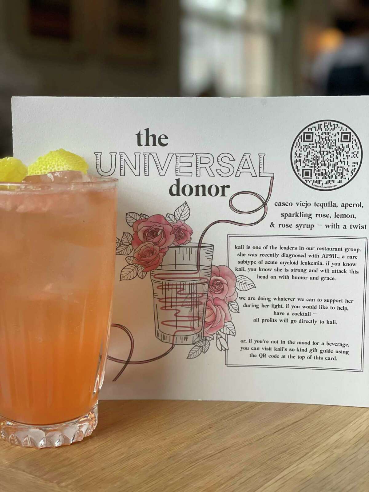 Don Memo in Westport has created a new cocktail called "The Universal Donor" in support of their employee Kali Pulkkinen, who was recently diagnosed with leukemia.