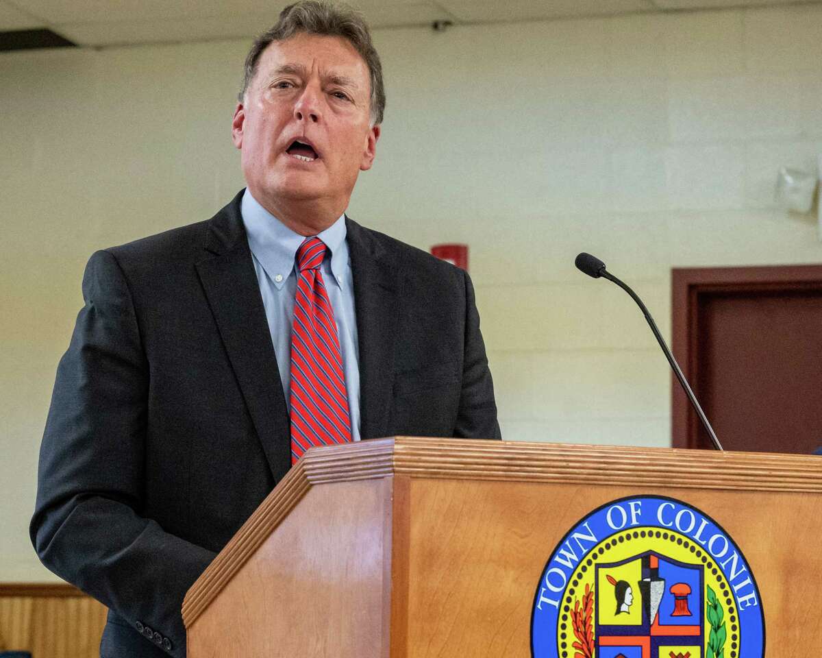 Colonie Town Supervisor Peter Crummey, who was elected last year, gives a speech after being sworn in on Saturday, Jan. 1, 2022 at Town Hall. (Jim Franco/Special to the Times Union) at Town Hall. (Jim Franco/Special to the Times Union)
