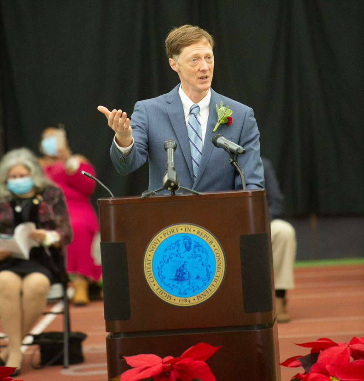 Mayor Justin Elicker speaks at an inauguration ceremony on Saturday, January 1, 2022 at Hillhouse High School.