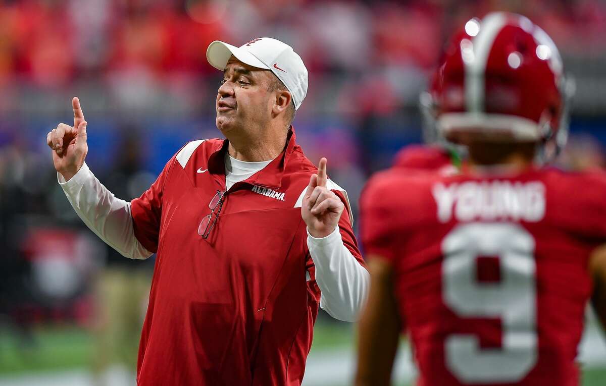 Alabama offensive coordinator Bill O'Brien prior to the start of the SEC Championship college football game between the Alabama Crimson Tide and Georgia Bulldogs on December 4th, 2021 at Mercedes Benz Stadium in Atlanta, Georgia.