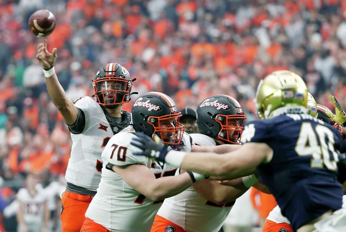 Spencer Sanders accounted for 496 yards (371 yards passing, 125 rushing) in Oklahoma State’s thrilling comeback win over Notre Dame in the Fiesta Bowl in Glendale, Ariz.