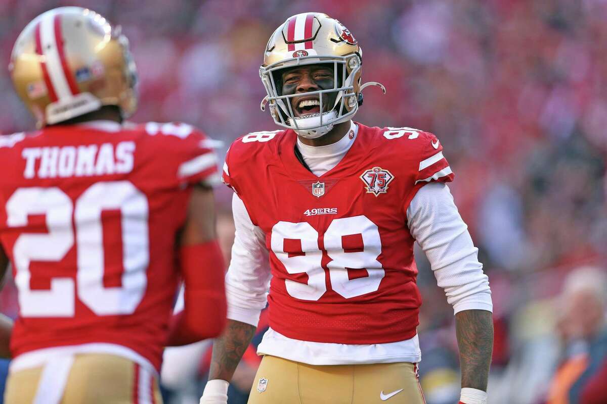 Arden Key, shown playing against Houston at Levi’s Stadium on Jan. 2, posted all of his 6.5 sacks of the regular season in the last 10 games. He signed with Jacksonville on Wednesday.