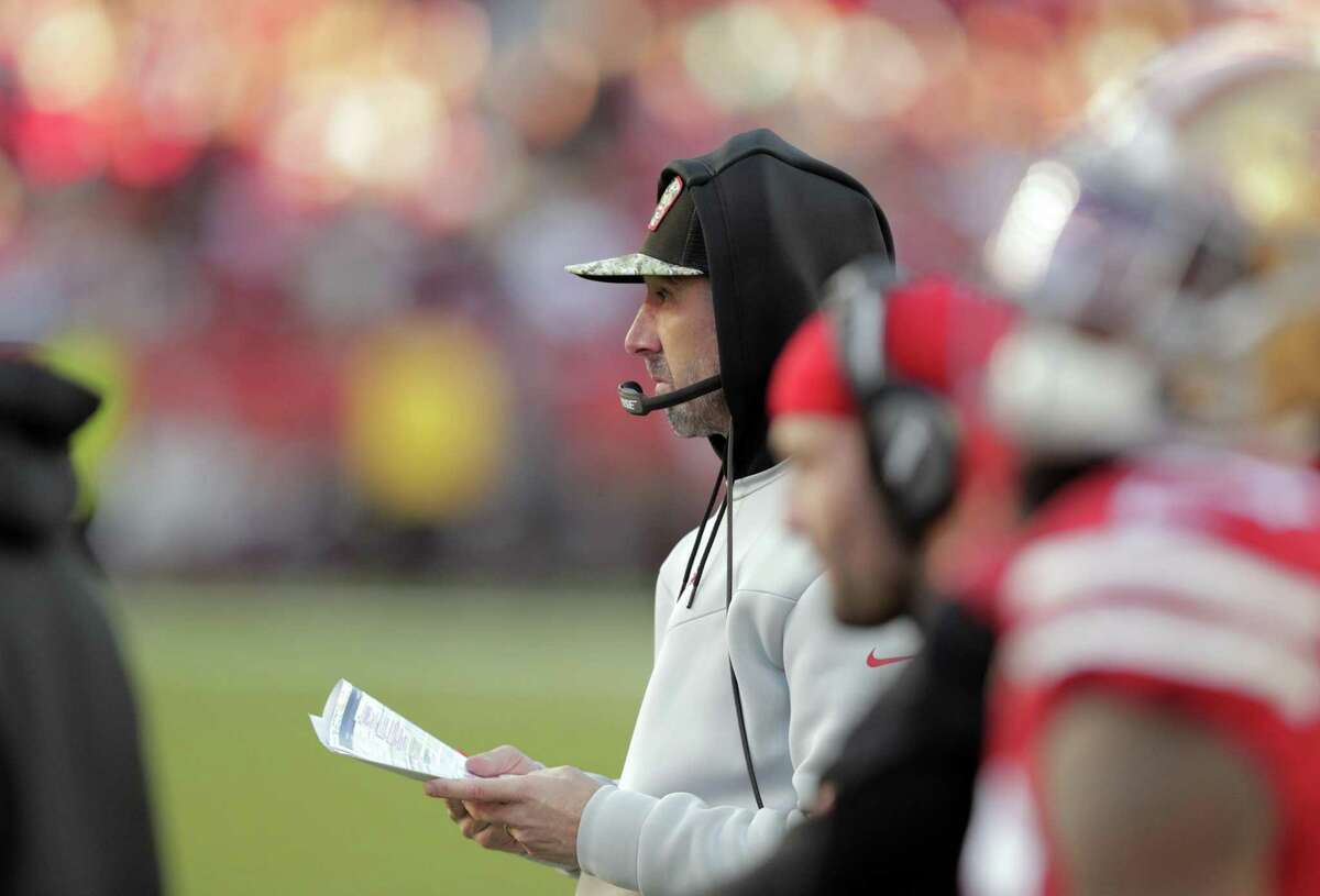 49ers head coach Kyle Shanahan watches the game from the sidelines in the second half as the San Francisco 49ers played the Houston Texans at Levi’s Stadium in Santa Clara, Calif., on Sunday, January 2, 2022.