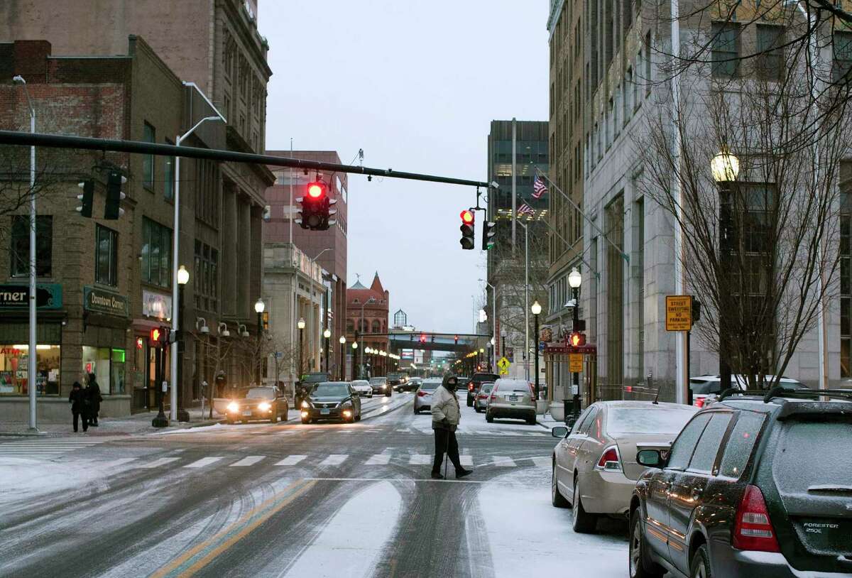 A file photo of Bridgeport, Conn., after a light snowfall. The state saw a dusting of snow early Monday, Jan. 24, 2022, leaving some roads covered in a light layer of snow.