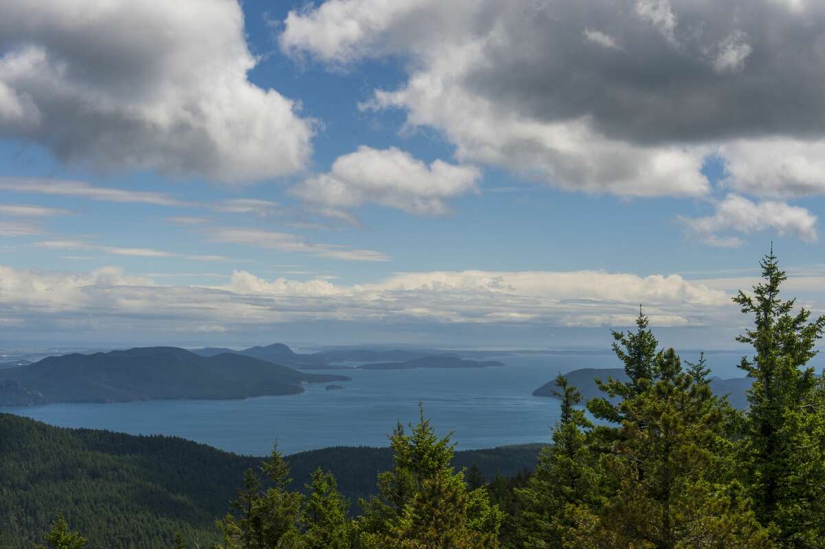 View of the San Juan Islands from the top of Mount Constitution in the Moran State Park on Orcas Island, San Juan Islands in Washington State, United States. (Photo by Wolfgang Kaehler/LightRocket via Getty Images)