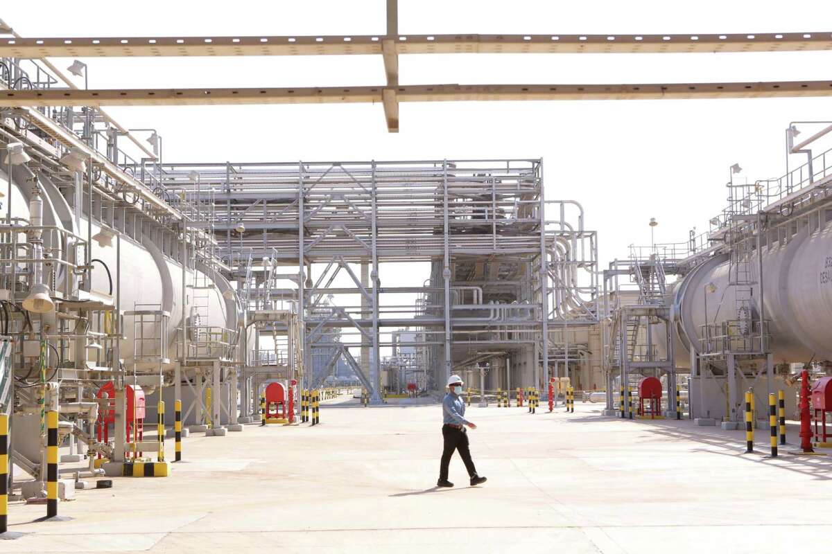 An employee is seen at the Khurais Processing Department in the Khurais oil field in Khurais, Saudi Arabia, on June 28, 2021.