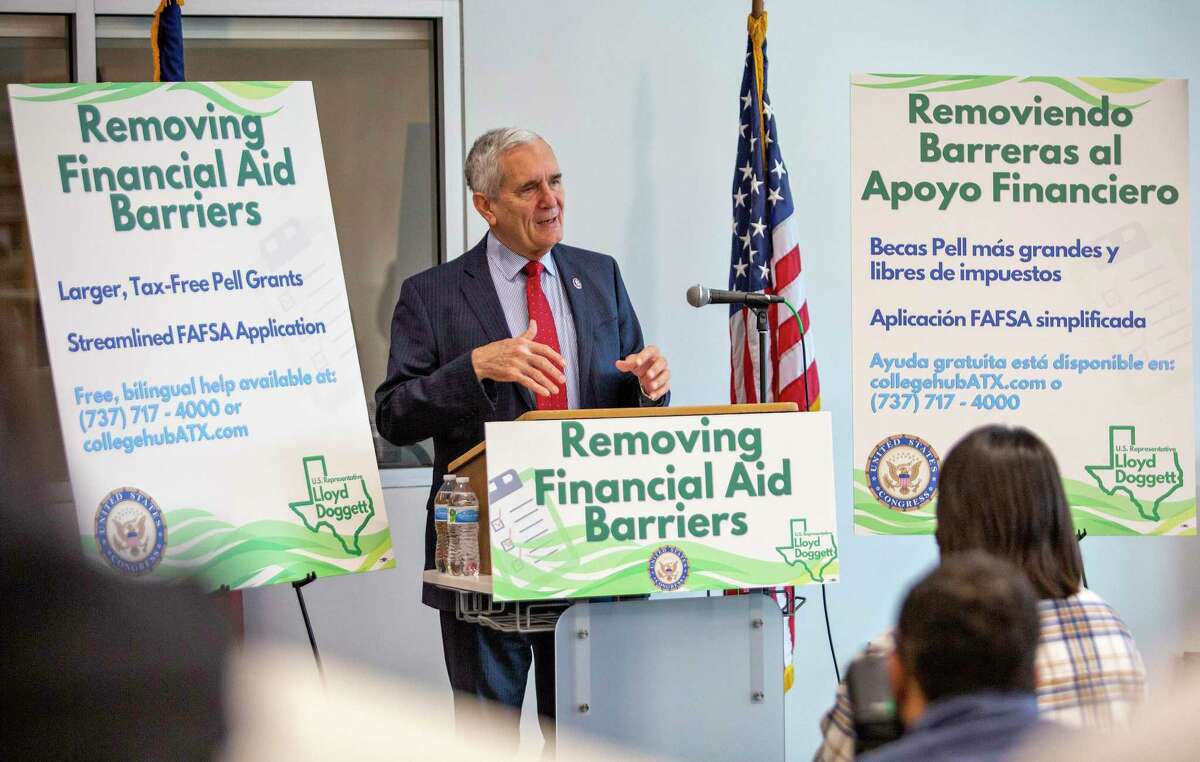 U.S. Representative Lloyd Doggett talks about how important it was to simplify the FAFSA application process for students during a FAFSA fair workshop at Eastside Early College High School on December 11, 2021 in Austin, Texas.