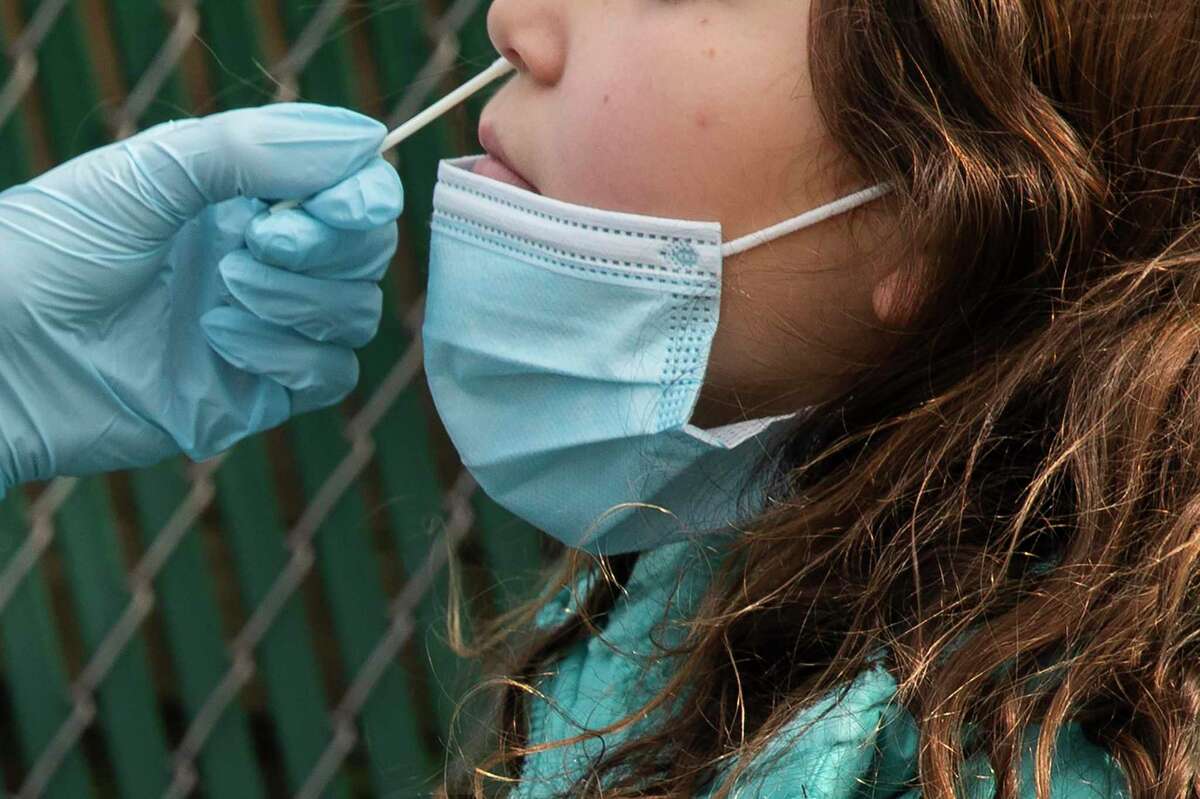 A student gets tested for the coronavirus in January outside of Jefferson Early Education School in San Francisco.