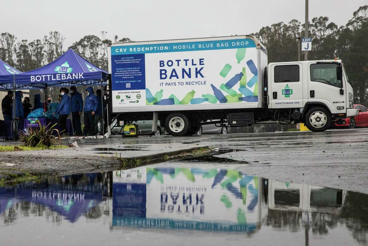 A BottleBank mobile recycling drop-off site is demonstrated at Stonestown Galleria in San Francisco last month.