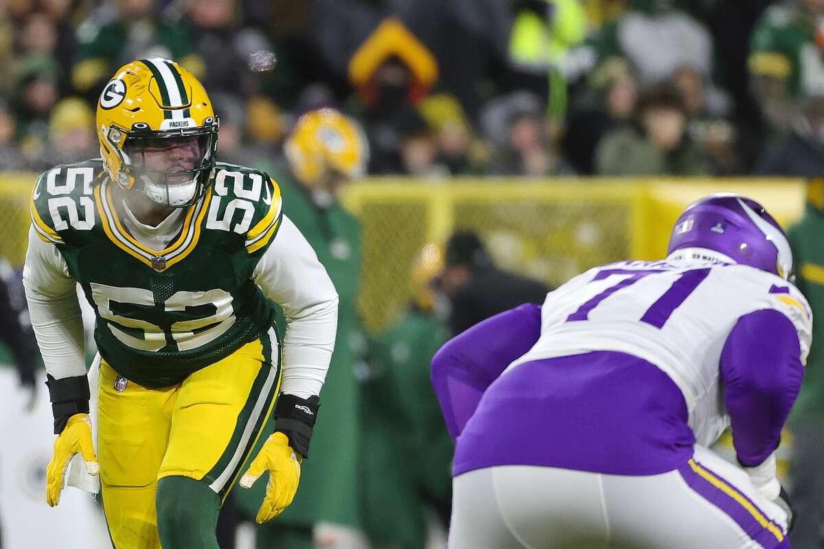 GREEN BAY, WISCONSIN - JANUARY 02: Rashan Gary #52 of the Green Bay Packers anticipates a play during a game against the Minnesota Vikings at Lambeau Field on January 02, 2022 in Green Bay, Wisconsin. The Packers defeated the Vikings 37-10. (Photo by Stacy Revere/Getty Images)