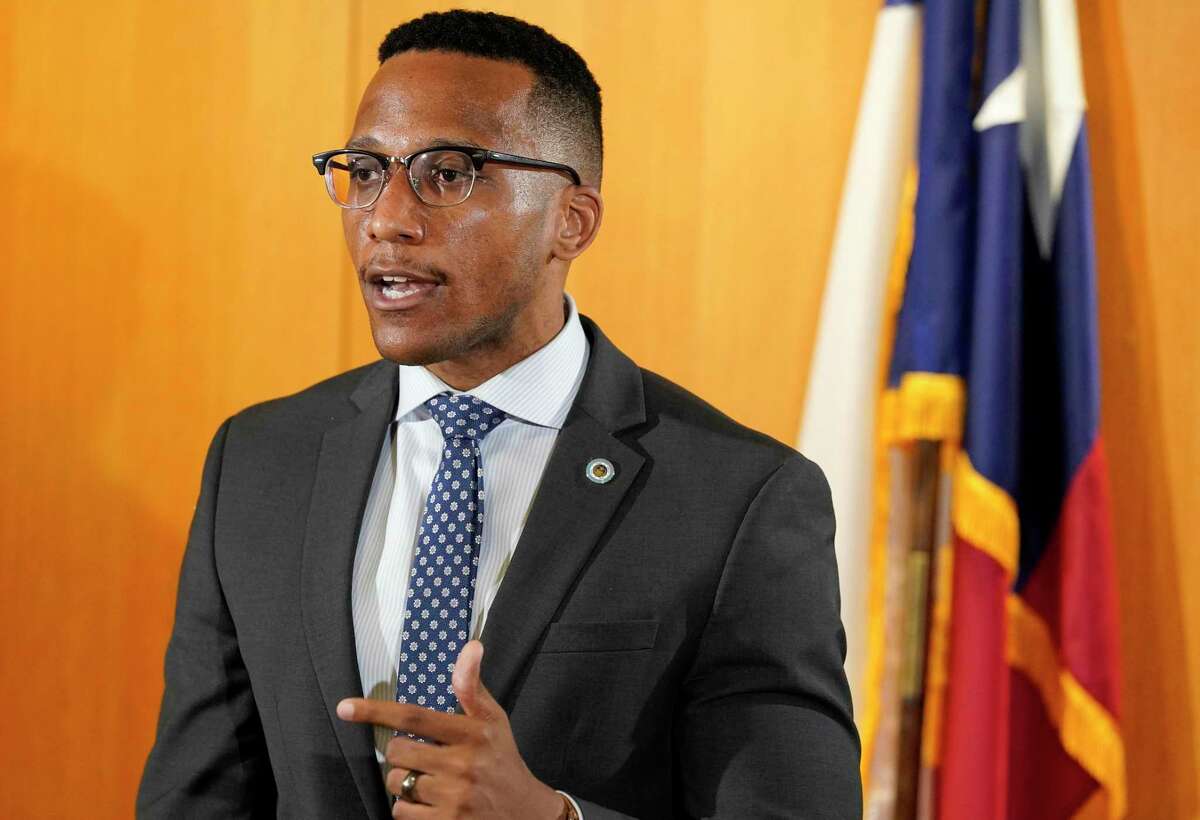Harris County Attorney Christian Menefee speaks during a press conference Wednesday, June 23, 2021 in Houston.