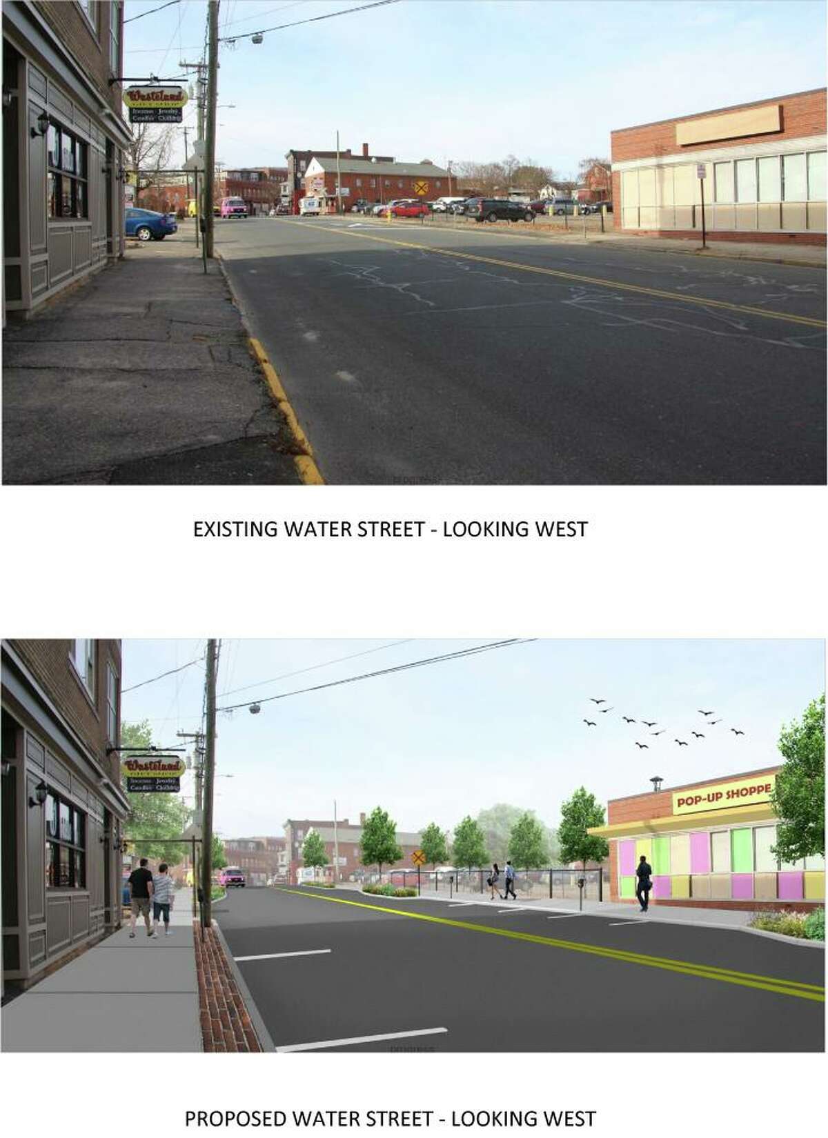 Repairs to Water Street's sidewalks, street improvements and pedestrian safety measures are illustrated in these drawings provided by Torrington's office of economic development, which would become part of a plan that also includes Railroad Station Place, John Street, Church Street and Mason Street. Pictured is a concept design for Water Street, which would be improved with pedestrian safety measures. The grant also would include a number of other projects. 